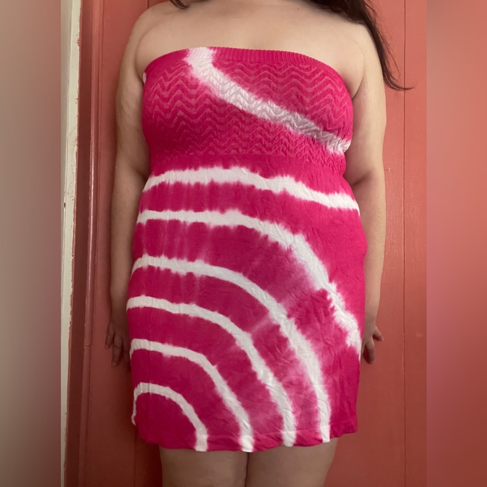 Pink Tie-Dye Strapless Swim Dress
